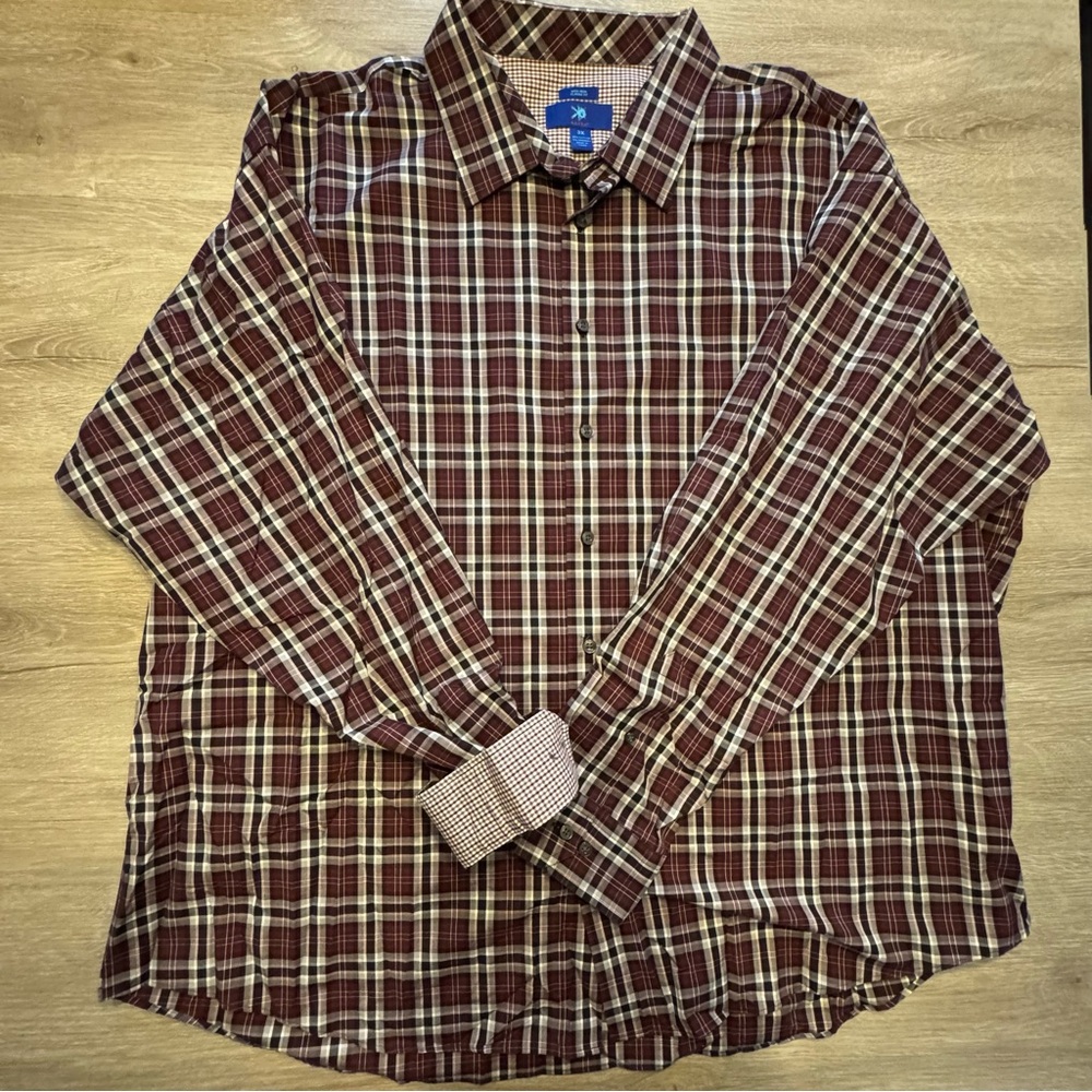 Egara No Iron Button Up Dark Red/Black/White plaid Pattern Long Sleeve Shirt 3XL